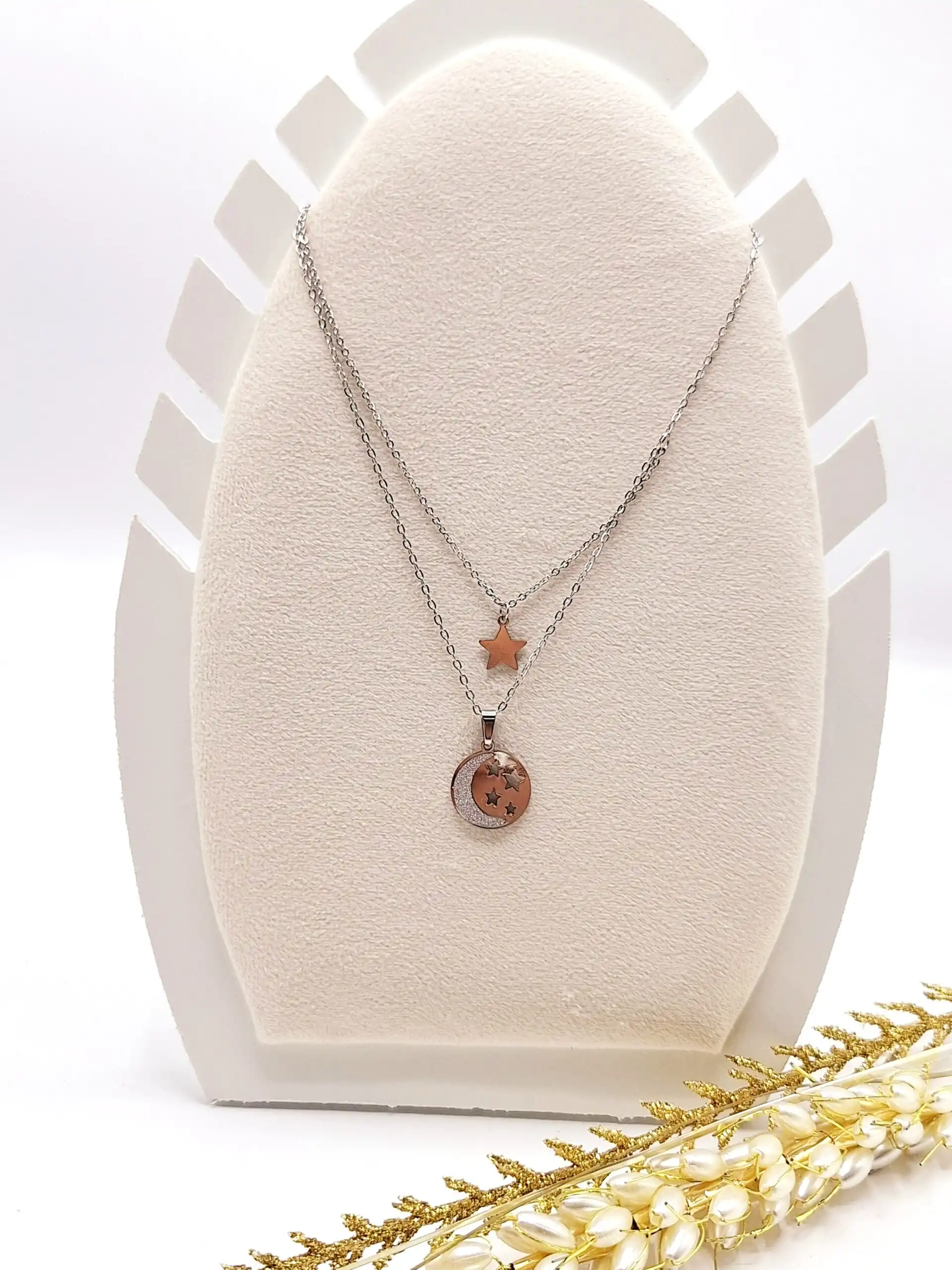 نیم ست دو لاین طرح ماه و ستاره شنی نقره ای استیل
